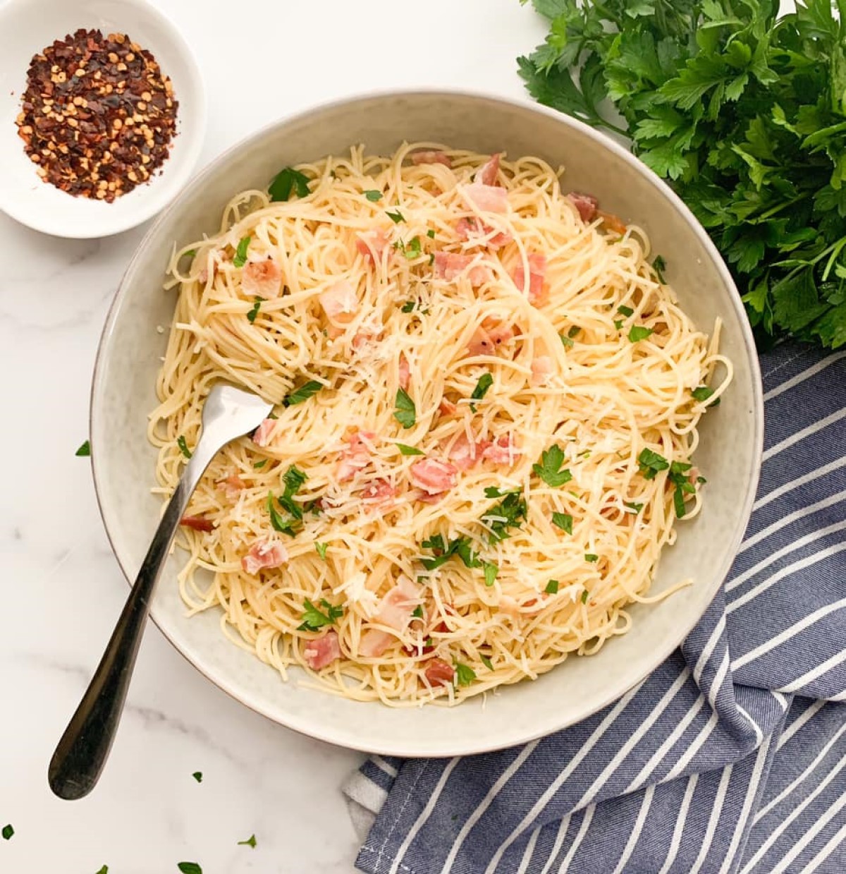 Angel Hair Pasta with Bacon & Garlic - Keeping On Point